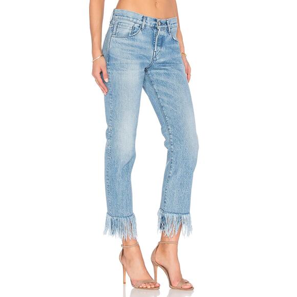 3x1 Revolve Jeans Womens 26 Stella Blue Button Fly Straight Crop Fringe Modern - Picture 1 of 15